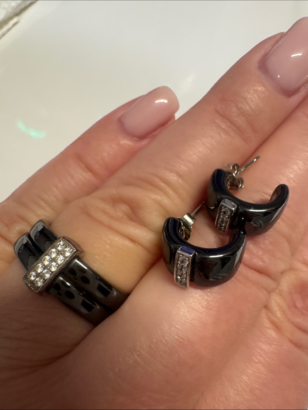 Black Ceramic Hoop Earrings and Ring Set with Crystal Accent
